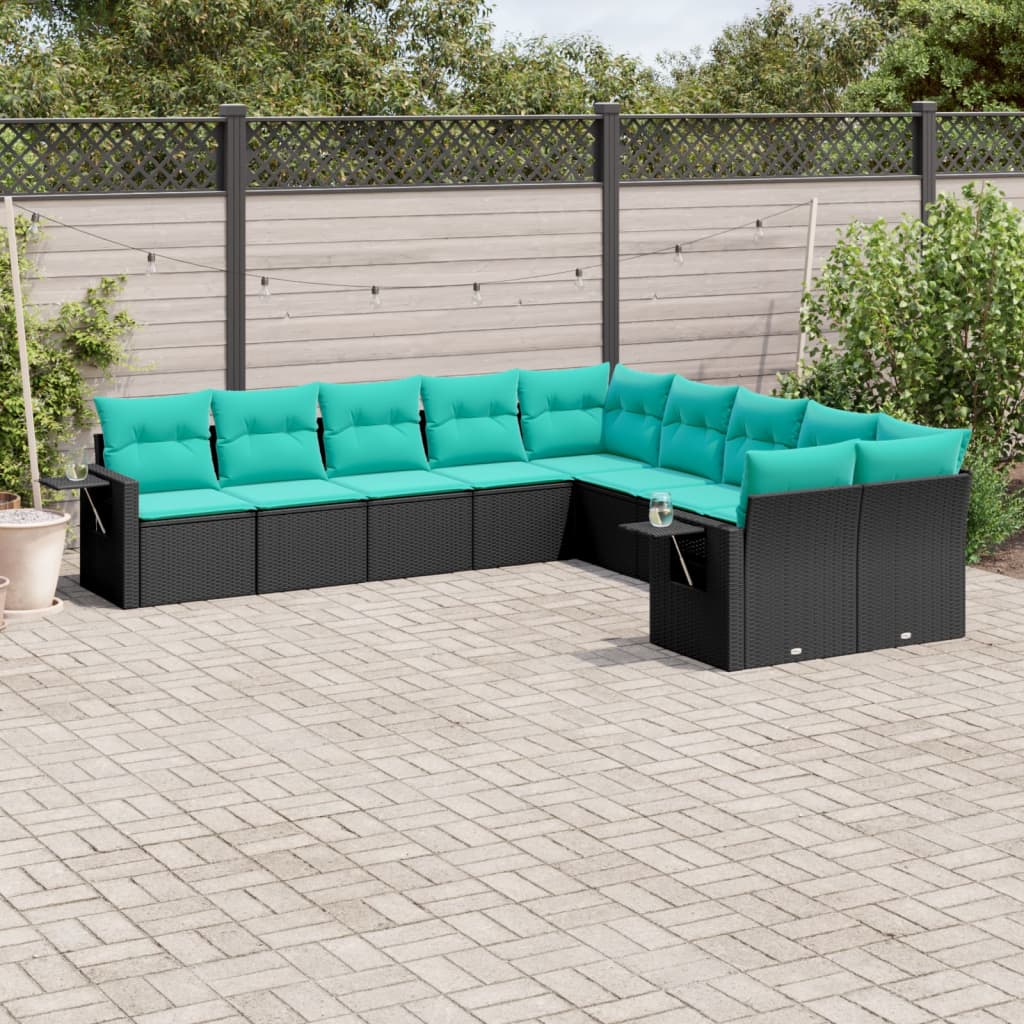 10-teiliges Gartensofa-Set mit Kissen, schwarzes Polyrattan