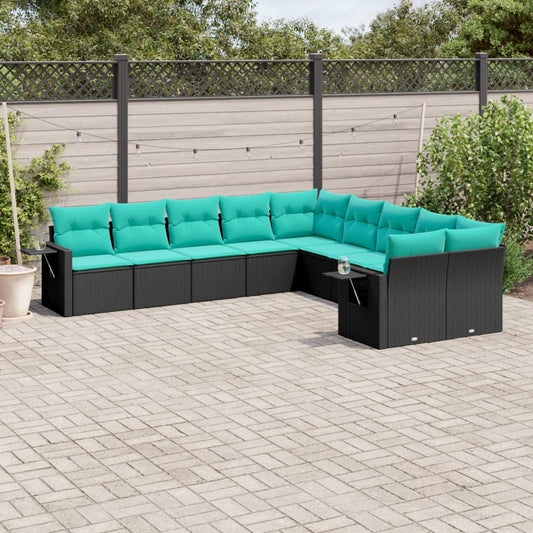10-teiliges Gartensofa-Set mit Kissen, schwarzes Polyrattan