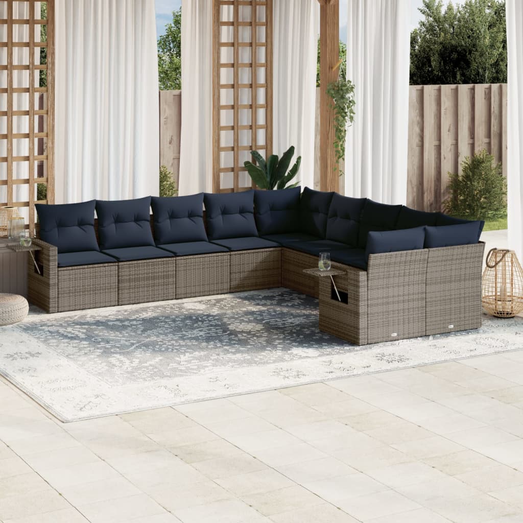 10-teiliges Gartensofa-Set mit Kissen, grau, Polyrattan