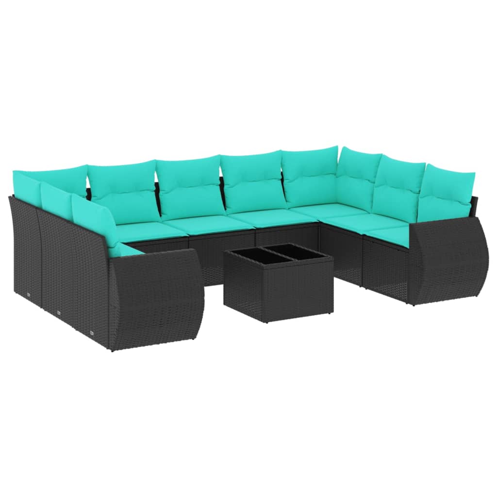 10-teiliges Gartensofa-Set mit Kissen, schwarzes Polyrattan