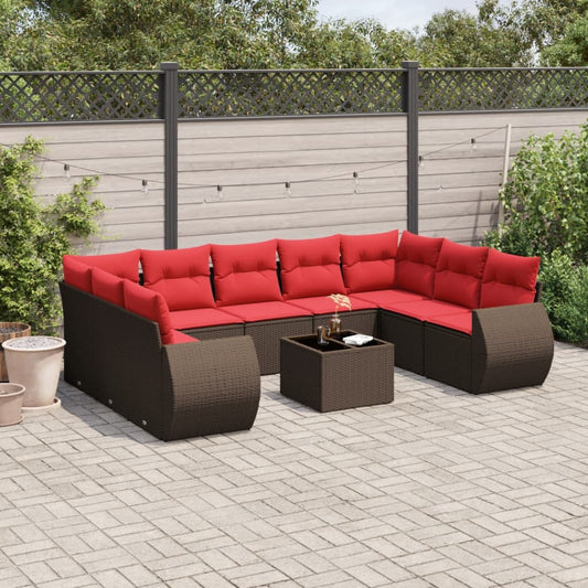 10-teiliges Gartensofa-Set mit Kissen, braun, Polyrattan