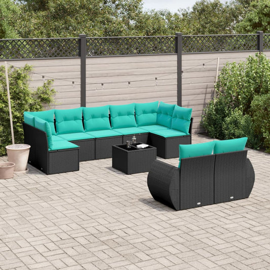 10-teiliges Gartensofa-Set mit Kissen, schwarzes Polyrattan