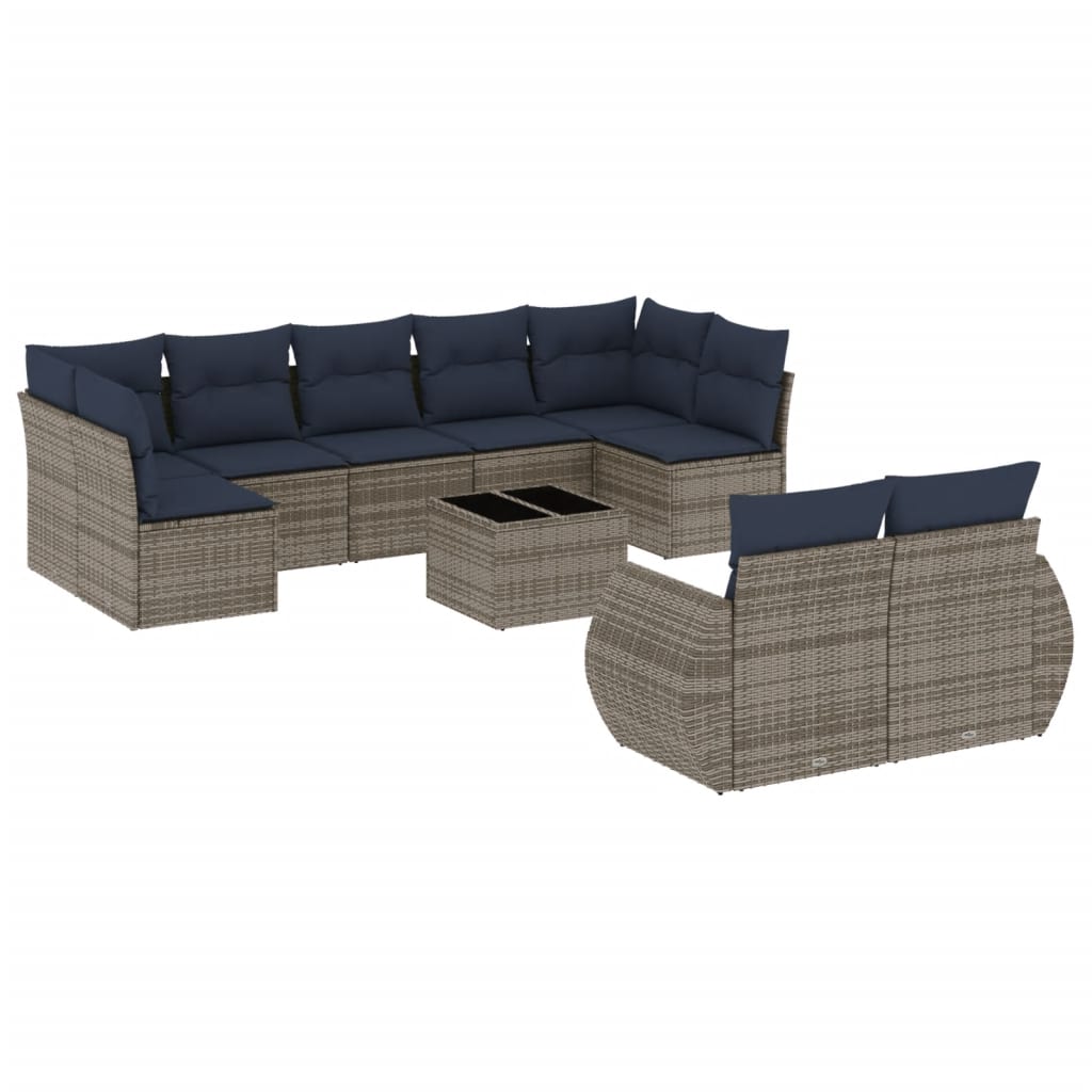 10-teiliges Gartensofa-Set mit Kissen, grau, Polyrattan