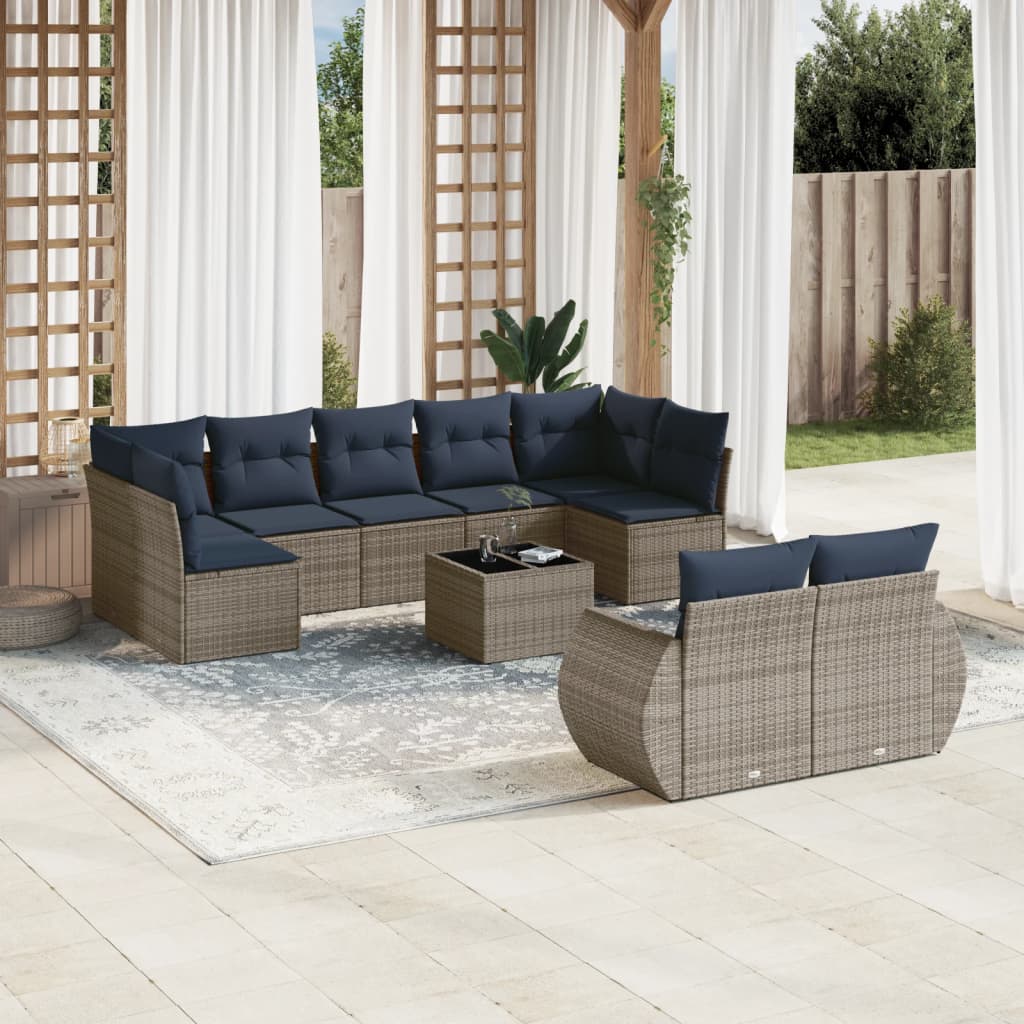 10-teiliges Gartensofa-Set mit Kissen, grau, Polyrattan