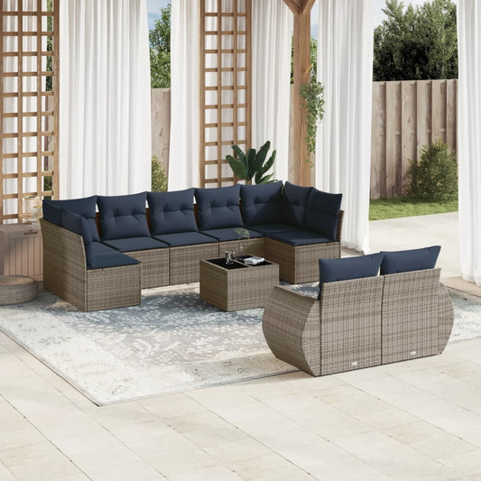 10-teiliges Gartensofa-Set mit Kissen, grau, Polyrattan