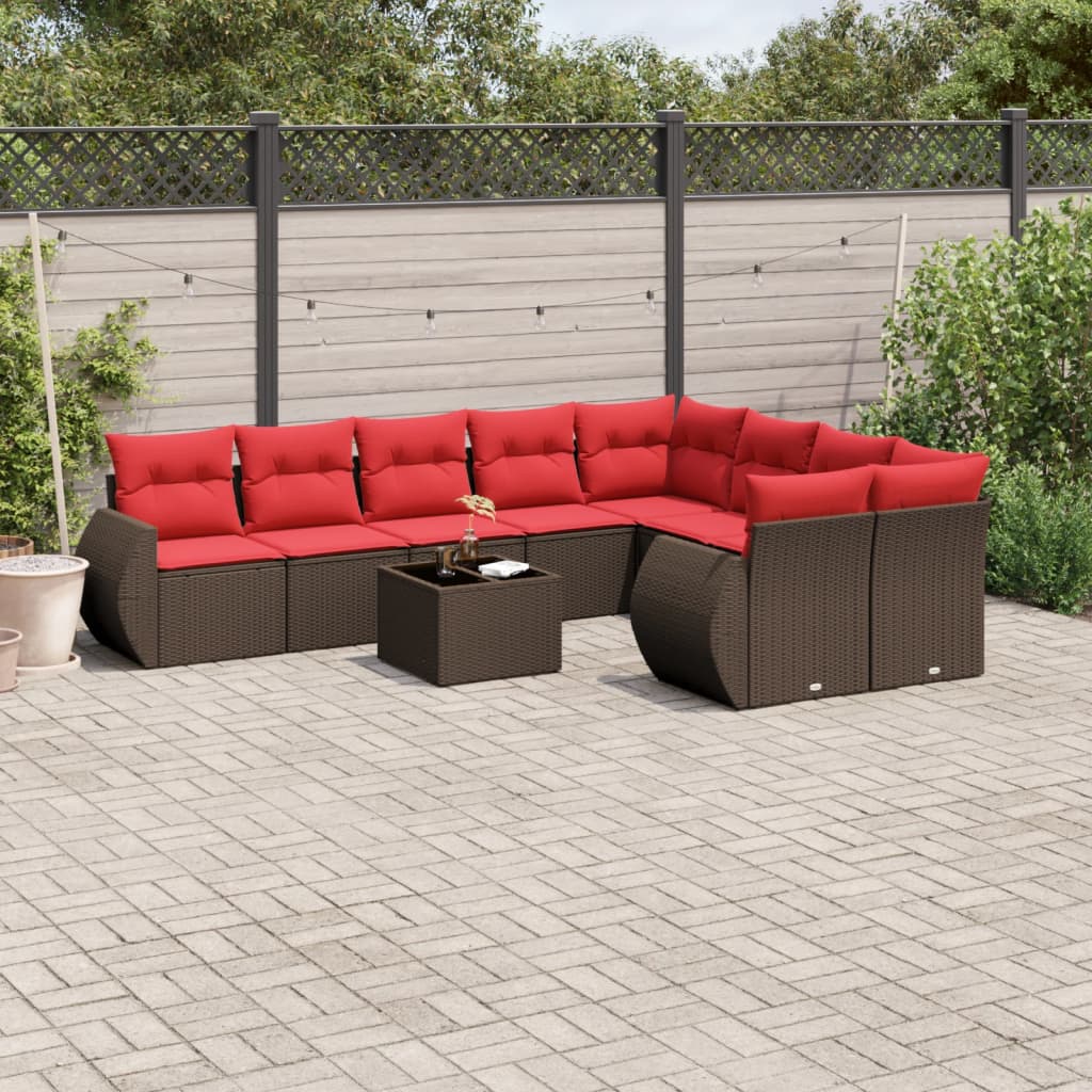 10-teiliges Gartensofa-Set mit Kissen, braun, Polyrattan