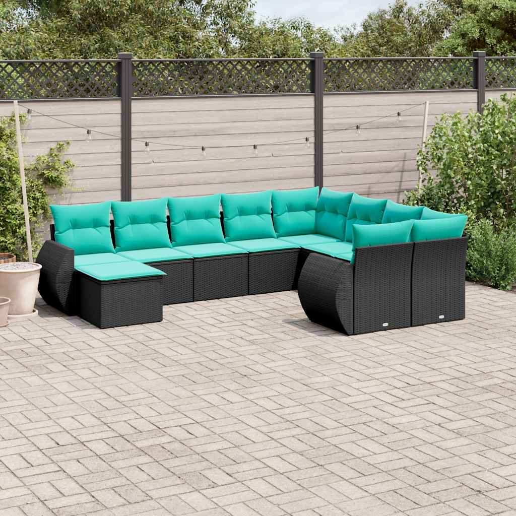 10-teiliges Gartensofa-Set mit Kissen, schwarzes Polyrattan