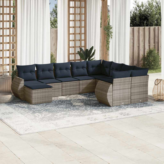 10-teiliges Gartensofa-Set mit Kissen, grau, Polyrattan