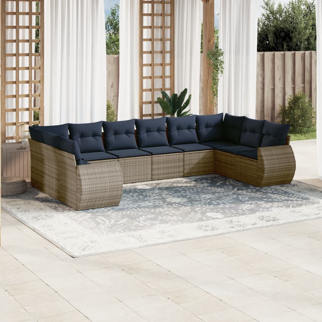 10-teiliges Gartensofa-Set mit Kissen, grau, Polyrattan