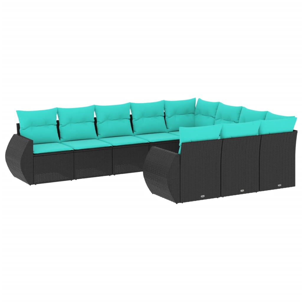 10-teiliges Gartensofa-Set mit Kissen, schwarzes Polyrattan