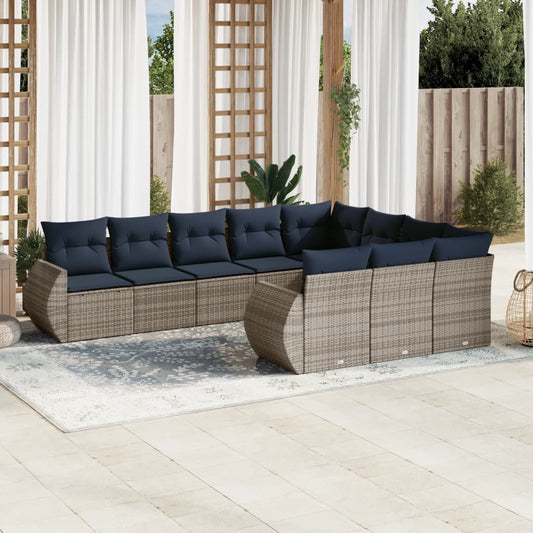 10-teiliges Gartensofa-Set mit Kissen, grau, Polyrattan