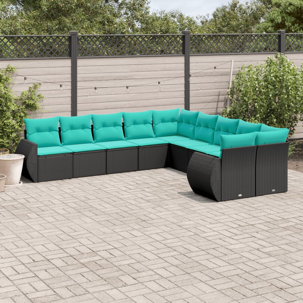 10-teiliges Gartensofa-Set mit Kissen, schwarzes Polyrattan