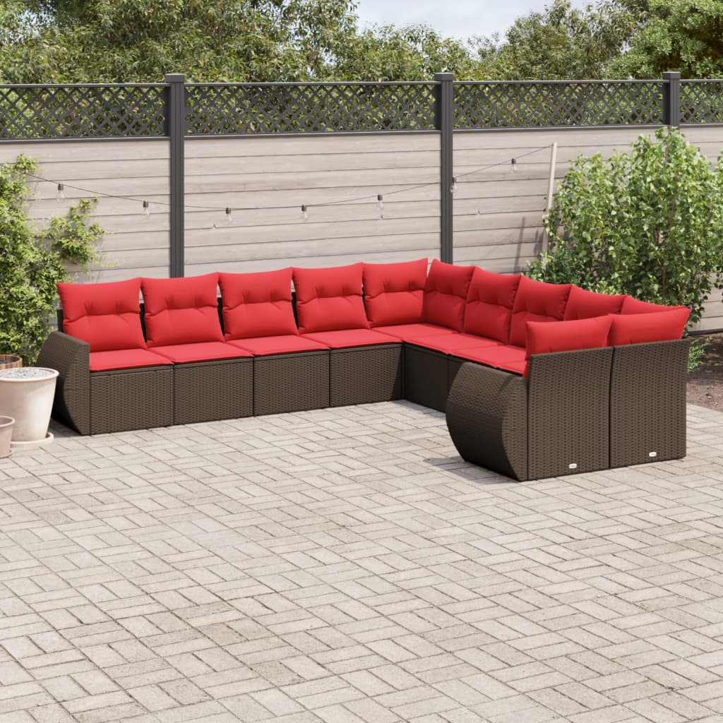 10-teiliges Gartensofa-Set mit Kissen, braun, Polyrattan