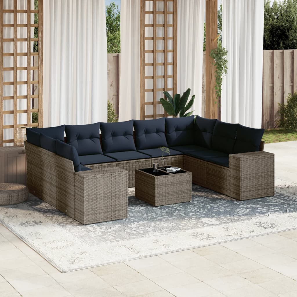 10-teiliges Gartensofa-Set mit Kissen, grau, Polyrattan
