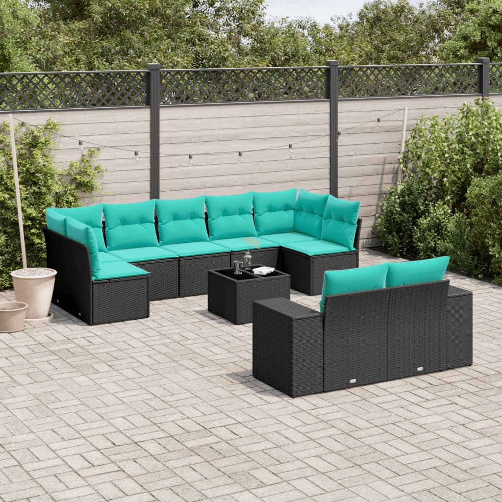 10-teiliges Gartensofa-Set mit Kissen, schwarzes Polyrattan