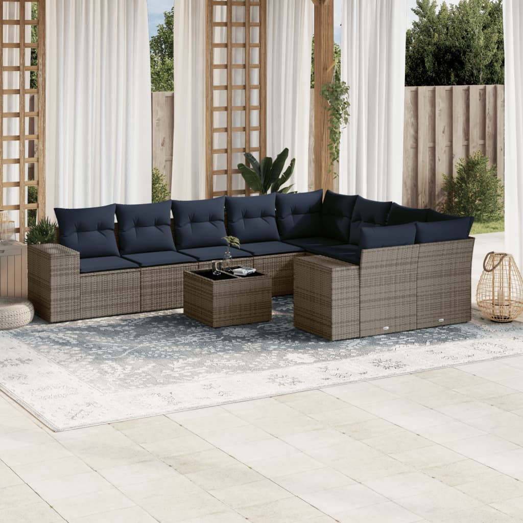 10-teiliges Gartensofa-Set mit Kissen, grau, Polyrattan