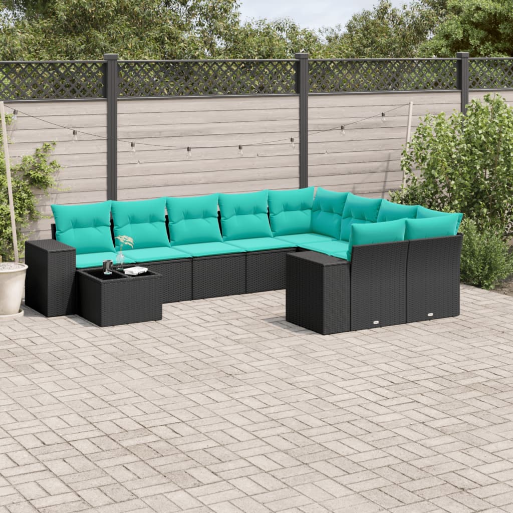 10-teiliges Gartensofa-Set mit Kissen, schwarzes Polyrattan