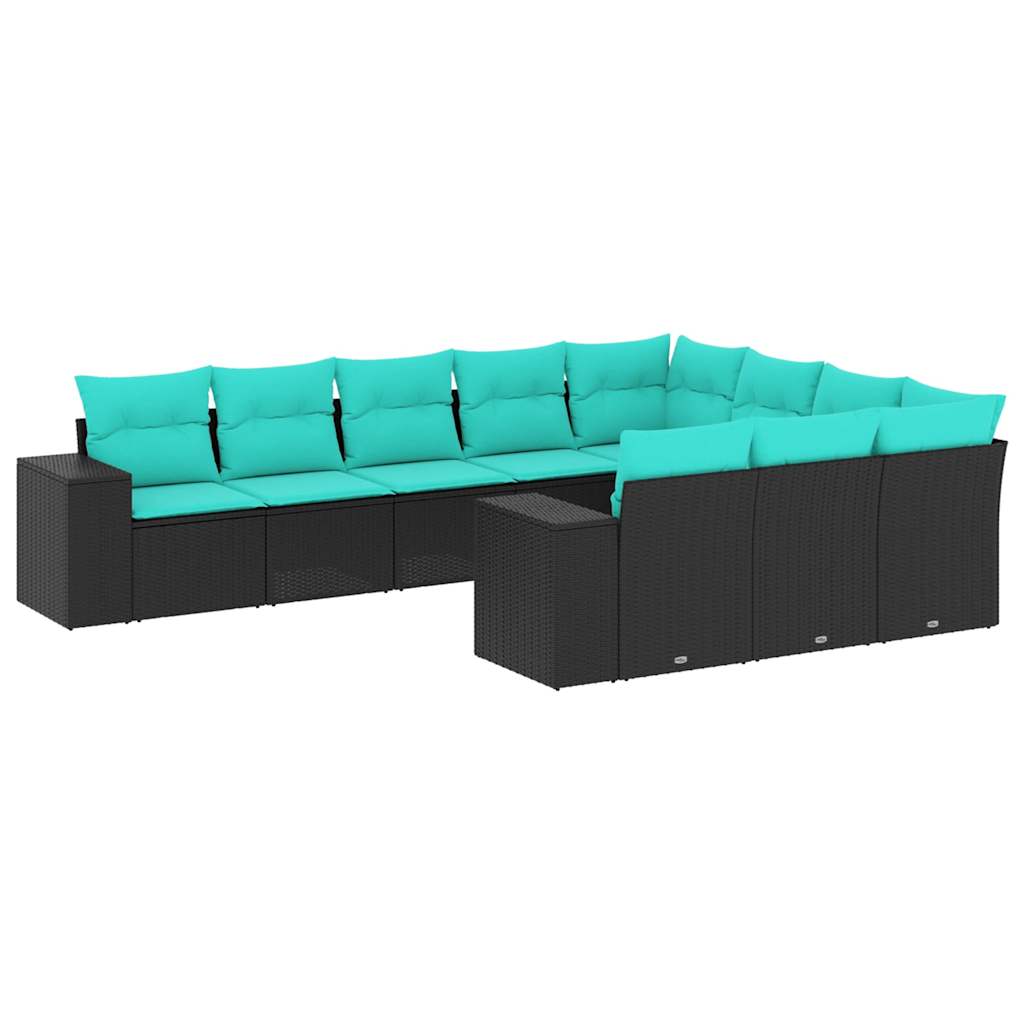 10-teiliges Gartensofa-Set mit Kissen, schwarzes Polyrattan