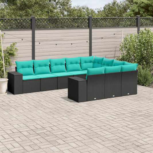 10-teiliges Gartensofa-Set mit Kissen, schwarzes Polyrattan