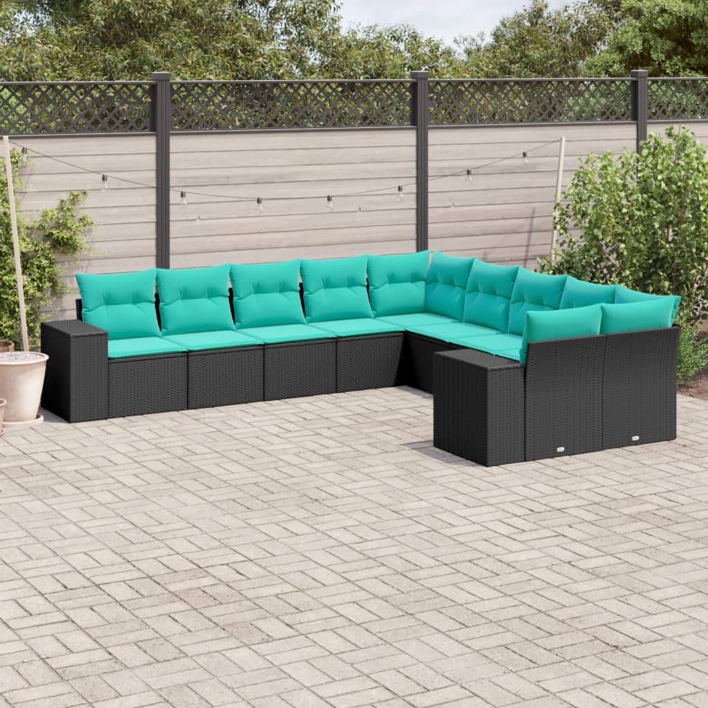 10-teiliges Gartensofa-Set mit Kissen, schwarzes Polyrattan