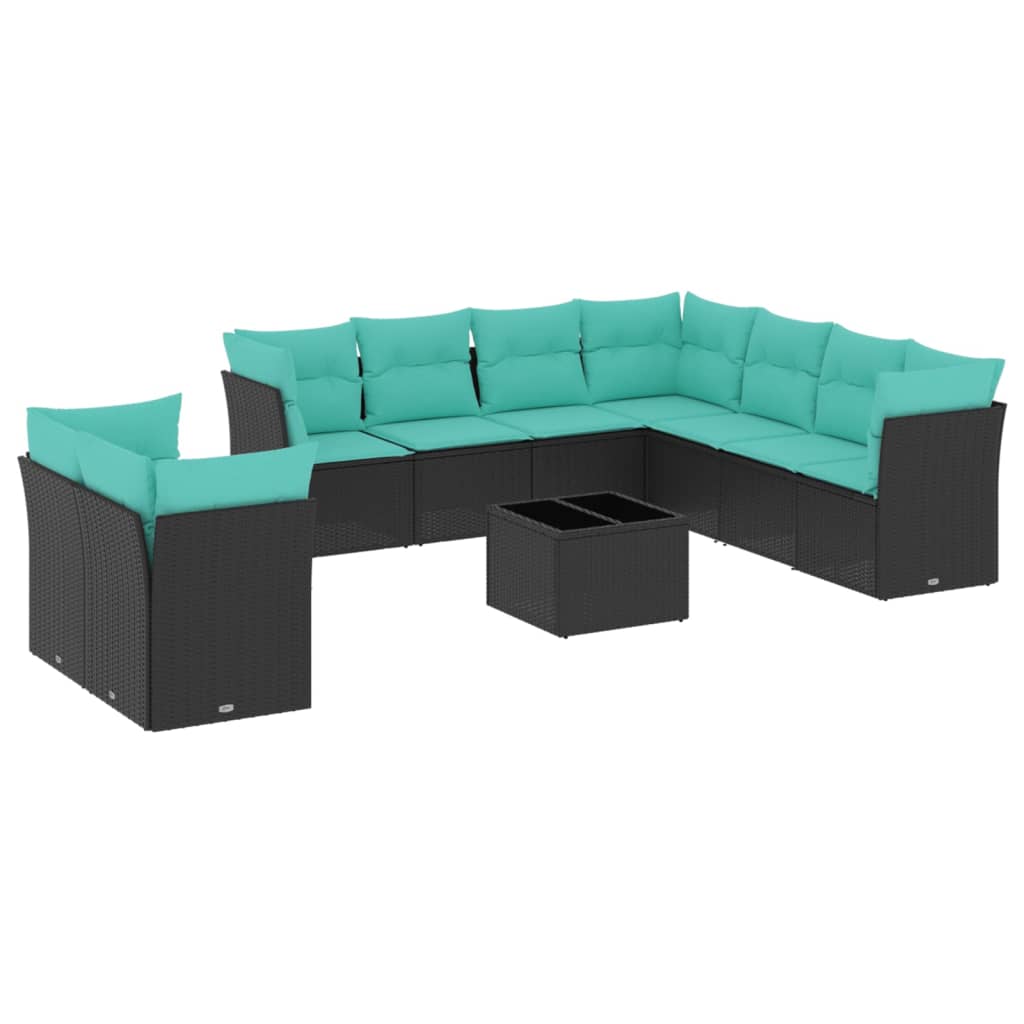 10-teiliges Gartensofa-Set mit Kissen, schwarzes Polyrattan