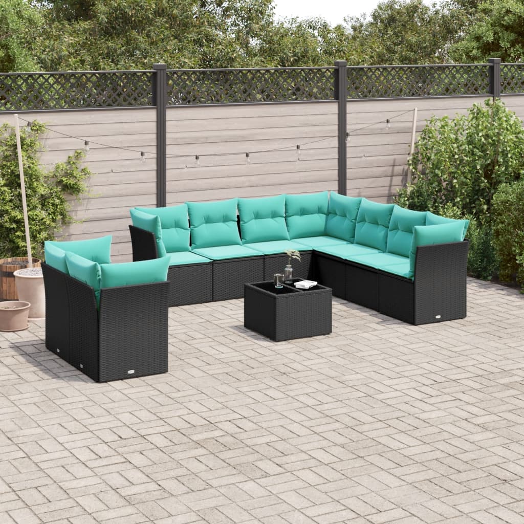 10-teiliges Gartensofa-Set mit Kissen, schwarzes Polyrattan