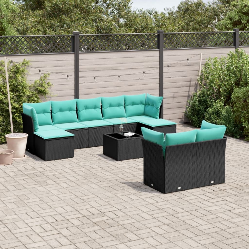 10-teiliges Gartensofa-Set mit Kissen, schwarzes Polyrattan