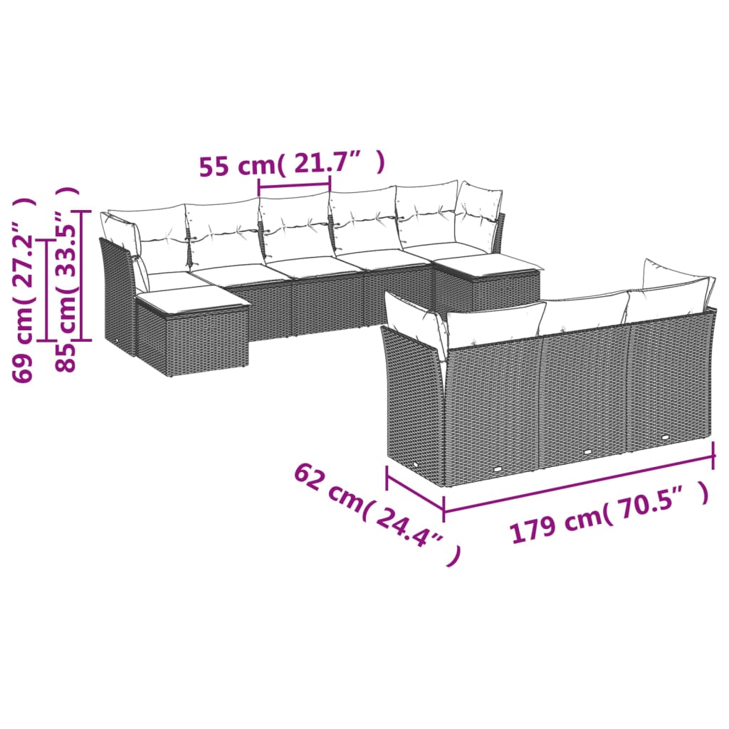 10-teiliges Gartensofa-Set mit Kissen, schwarzes Polyrattan