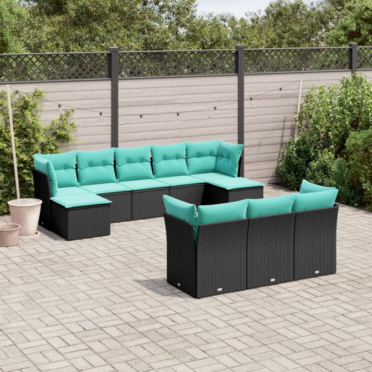 10-teiliges Gartensofa-Set mit Kissen, schwarzes Polyrattan
