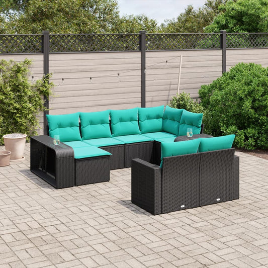 10-teiliges Gartensofa-Set mit Kissen, schwarzes Polyrattan
