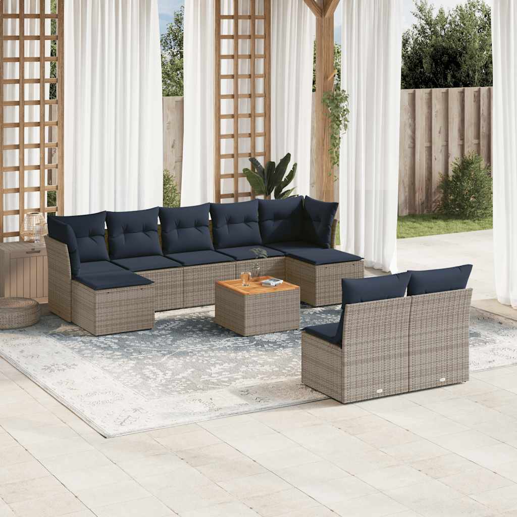 10-teiliges Gartensofa-Set mit Kissen, grau, Polyrattan