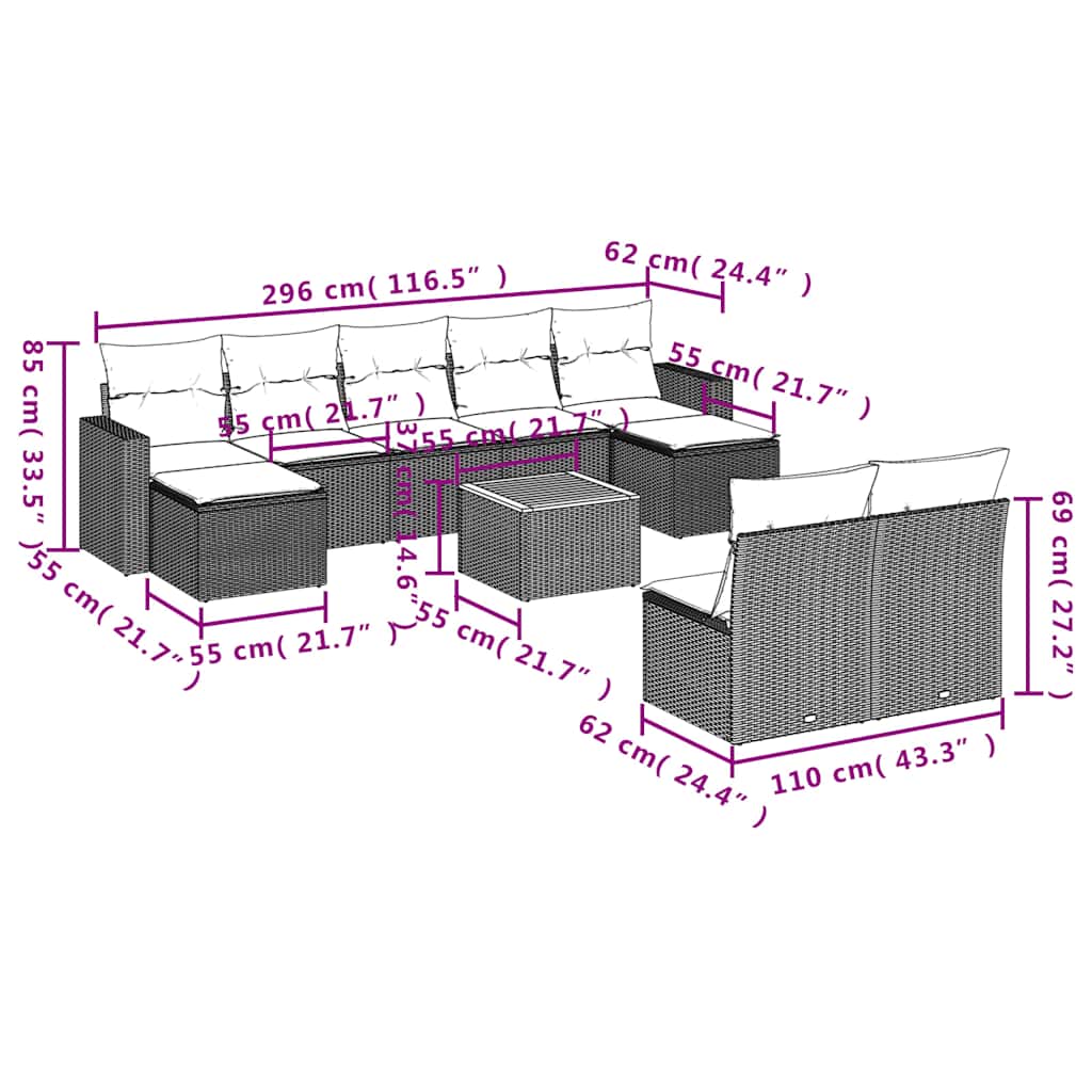 10-teiliges Gartensofa-Set mit Kissen, grau, Polyrattan