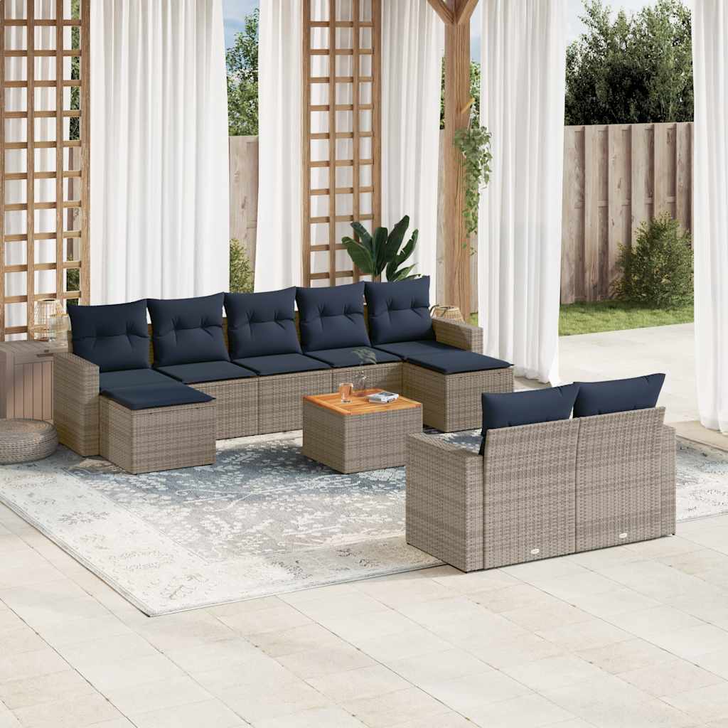 10-teiliges Gartensofa-Set mit Kissen, grau, Polyrattan