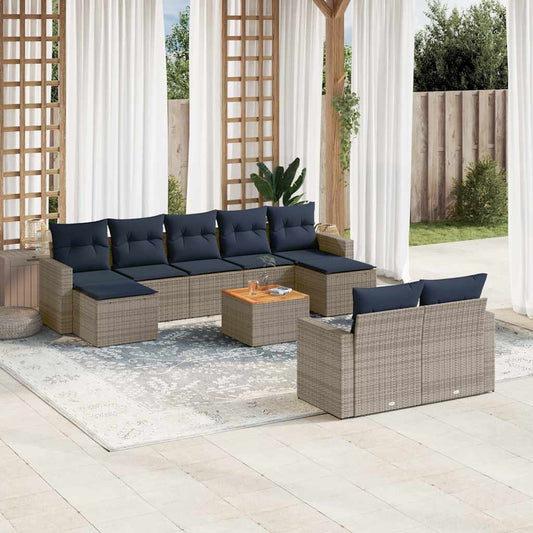 10-teiliges Gartensofa-Set mit Kissen, grau, Polyrattan