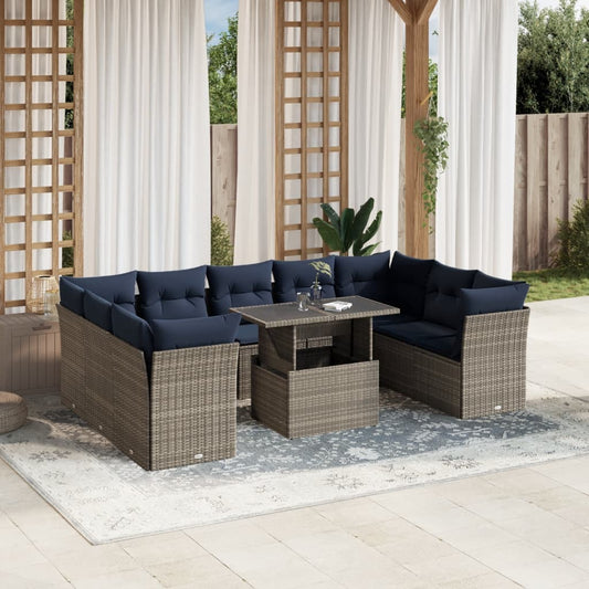 10-teiliges Gartensofa-Set mit Kissen, grau, Polyrattan