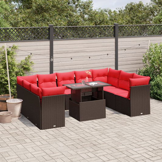 10-teiliges Gartensofa-Set mit Kissen, braun, Polyrattan