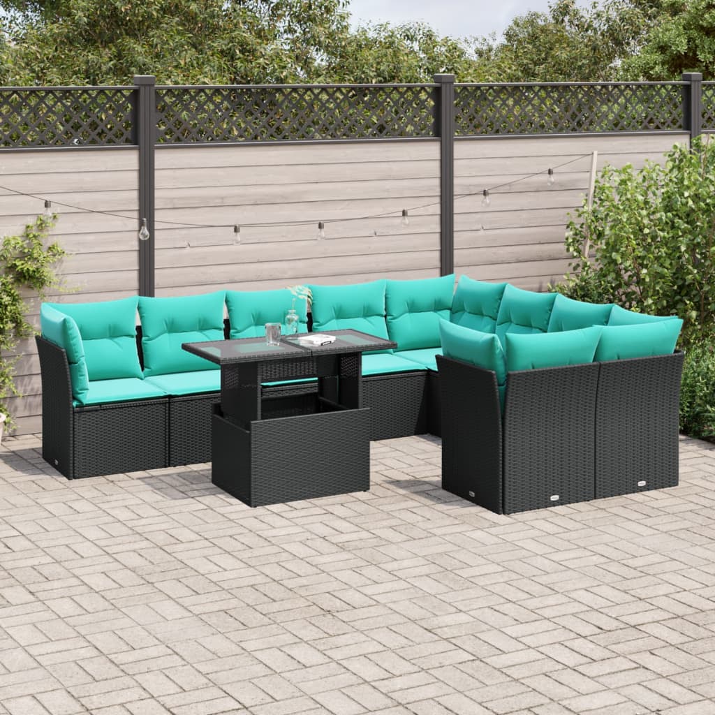 10-teiliges Gartensofa-Set mit Kissen, schwarzes Polyrattan