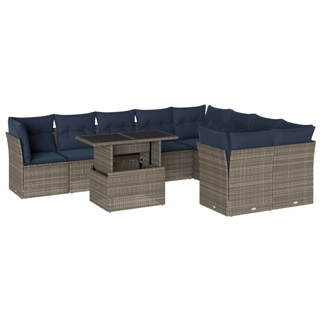 10-teiliges Gartensofa-Set mit Kissen, grau, Polyrattan