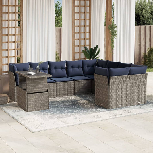10-teiliges Gartensofa-Set mit Kissen, grau, Polyrattan