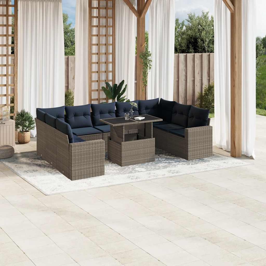 10-teiliges Gartensofa-Set mit Kissen, grau, Polyrattan