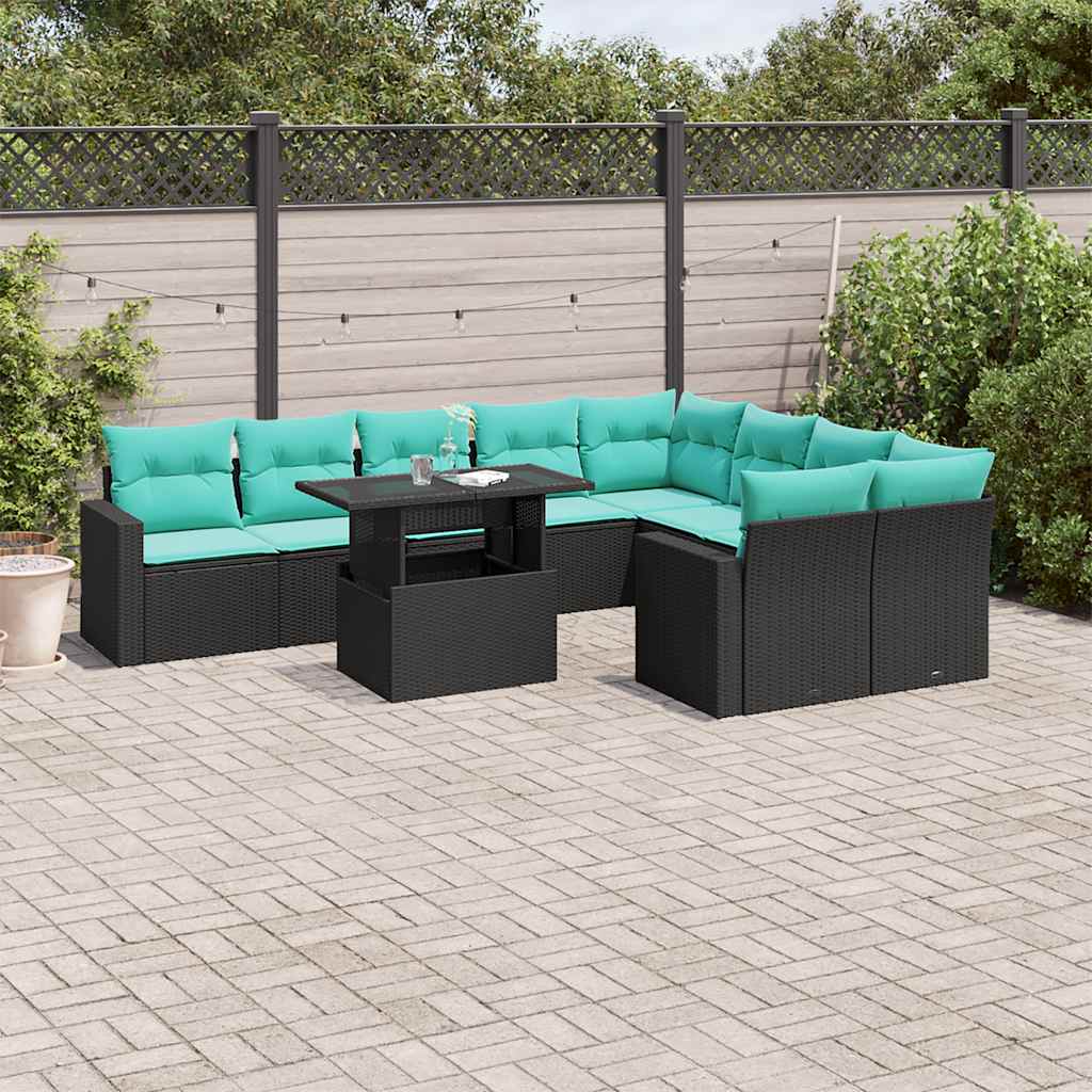 10-teiliges Gartensofa-Set mit Kissen, schwarzes Polyrattan