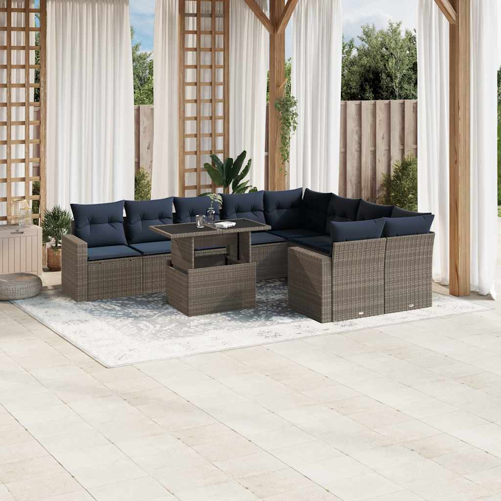 10-teiliges Gartensofa-Set mit Kissen, grau, Polyrattan
