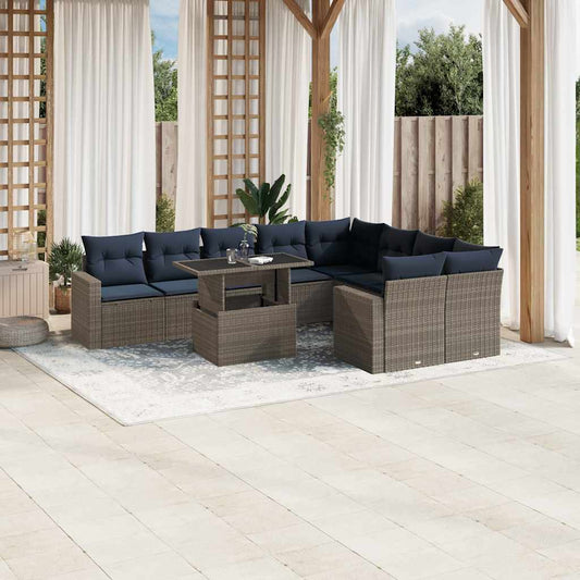 10-teiliges Gartensofa-Set mit Kissen, grau, Polyrattan