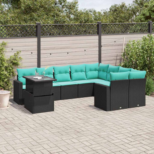 10-teiliges Gartensofa-Set mit Kissen, schwarzes Polyrattan