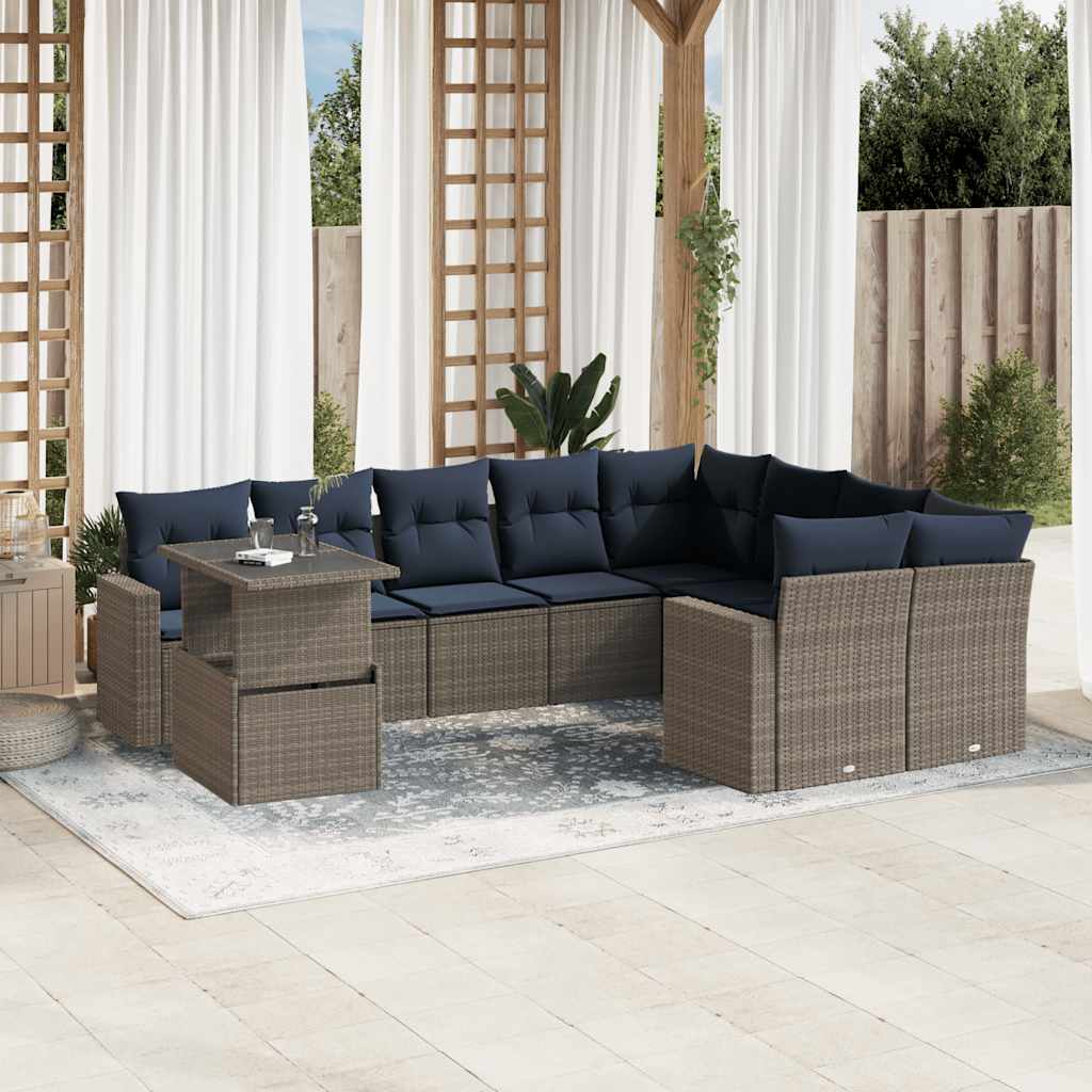 10-teiliges Gartensofa-Set mit Kissen, grau, Polyrattan
