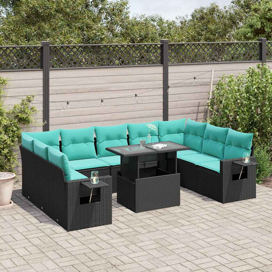 10-teiliges Gartensofa-Set mit Kissen, schwarzes Polyrattan