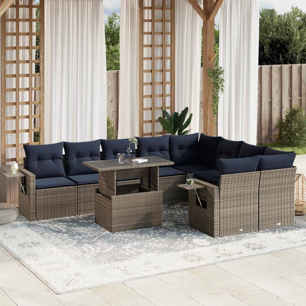 10-teiliges Gartensofa-Set mit Kissen, grau, Polyrattan