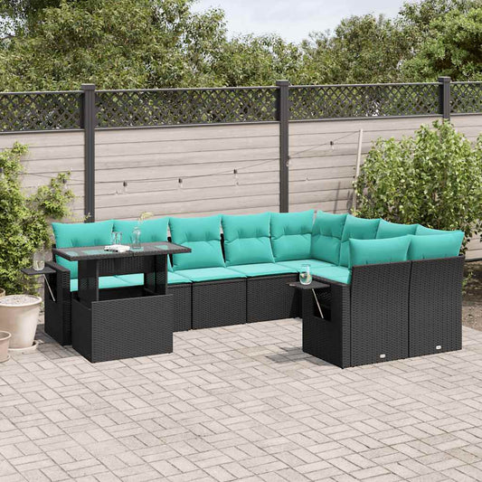 10-teiliges Gartensofa-Set mit Kissen, schwarzes Polyrattan