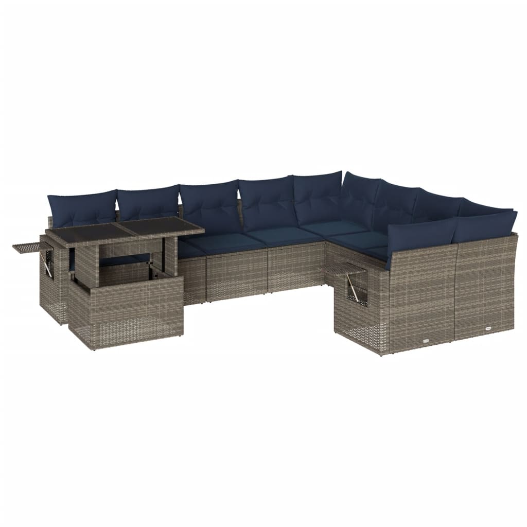 10-teiliges Gartensofa-Set mit Kissen, grau, Polyrattan