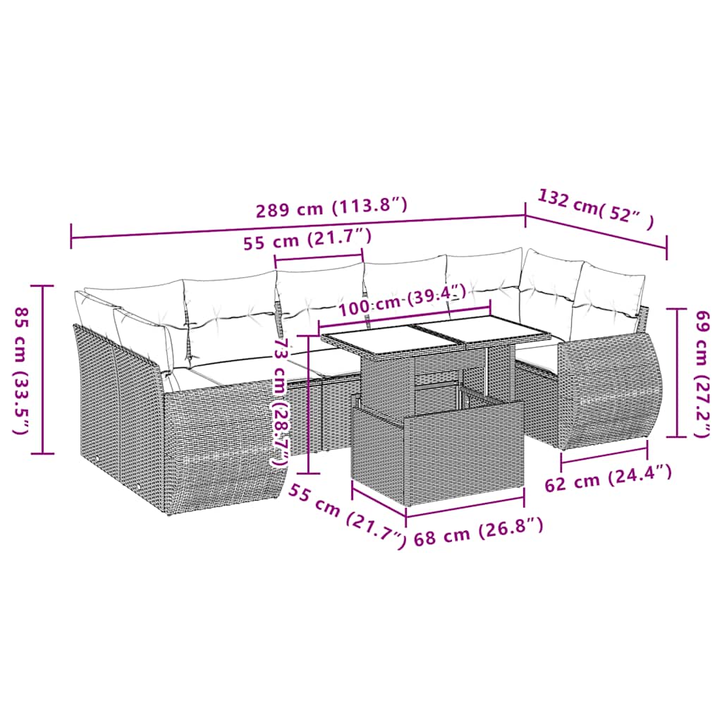 8-tlg. Garten-Sofagarnitur mit Kissen Hellgrau Poly Rattan